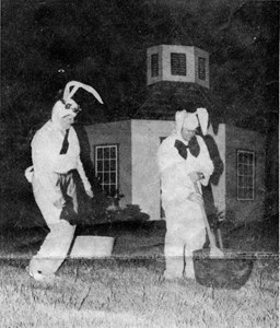 :  Mother and Father Bunny, portrayed by Polly and Glenn Priess get the dye ready for Easter eggs.